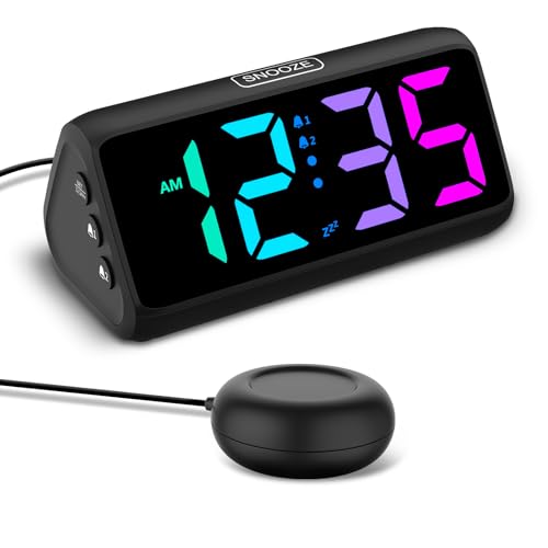 Loud Vibrating Alarm Clock with Bed Shaker for Heavy Sleepers - RGB Display