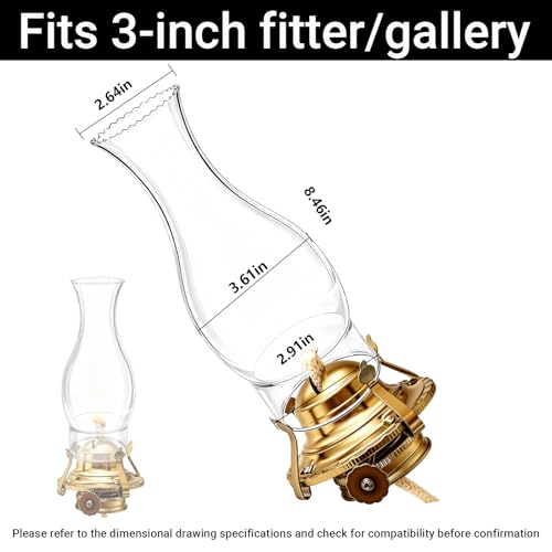 Clear Glass Oil Lamp Chimney - 8.3" Wave Top Hurricane Shade, 3" Fitter