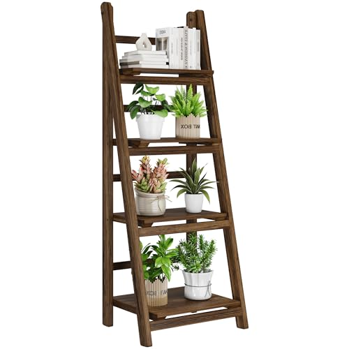 4-Tier Foldable Solid Wood Ladder Shelf, Portable Bookshelf & Plant Stand