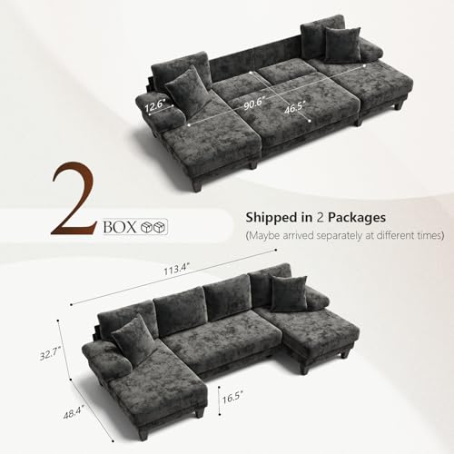 112-Inch U-Shaped Sleeper Sofa with Pull-Out Bed - Dark Grey Chenille
