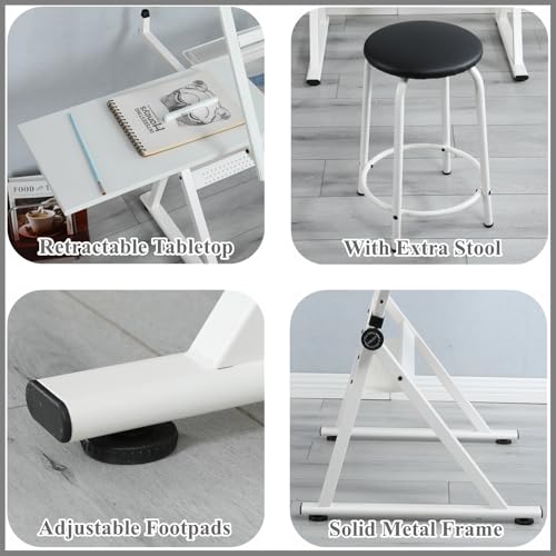 Height Adjustable Drafting Table with Stool, Tilting Glass Art Desk
