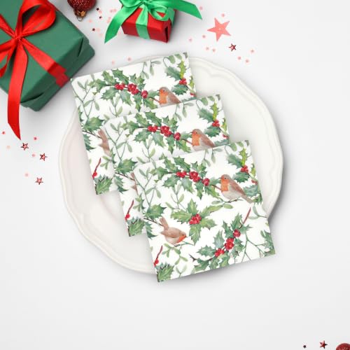 Christmas Bird and Holly Cocktail Napkins - Pack of 100 for Holiday Parties
