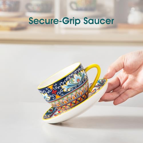 Vancasso 8oz Porcelain Cappuccino Cups & Saucers Set of 6 - Bohemian Design, Dishwasher & Microwave Safe