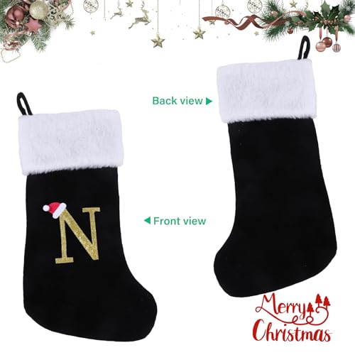 Sailup 20in Monogram Christmas Stocking N - Black Velvet with Plush Cuff, Large Letter N