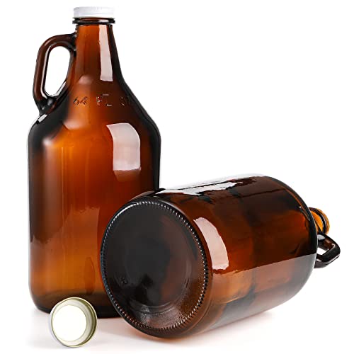 64 oz Amber Glass Growler Jugs with Lids - 3 Pack for Home Brewing & Storage