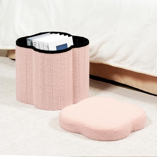 Flower Shaped Storage Ottoman Cube - Faux Teddy Fur Footstool (Pink, 12.6")