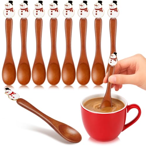 Christmas Snowman Coffee Spoons Set - 8 Wooden Tea Stirring Spoons with Holiday Decor