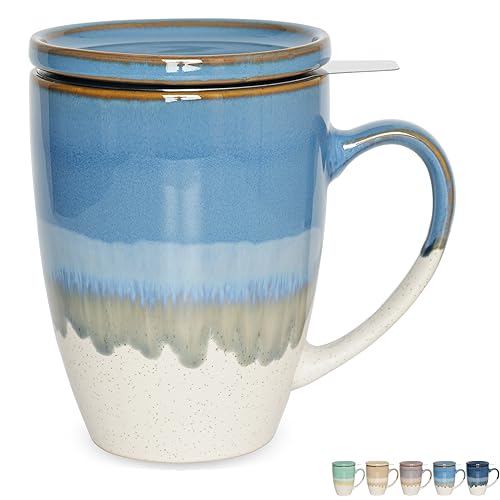 Bosmarlin Light Blue Ceramic Tea Mug with Infuser & Lid, 13.5oz, Dishwasher & Microwave Safe