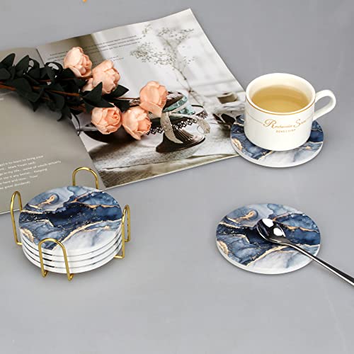 Navy Blue Marble Ceramic Coasters Set of 6 with Gold Metal Holder - Absorbent & Non-Slip