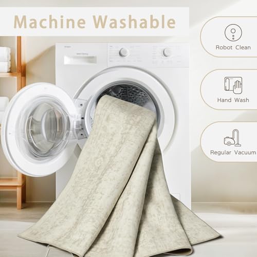 Washable 5x7 Vintage Area Rug - Soft Non-Slip Low Pile Faux Wool Carpet