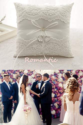Ivory Wedding Ring Bearer Pillow with Lace and Pearl Detail 8.26 Inch