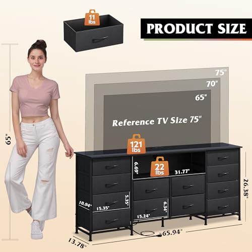 LED TV Stand Dresser with 12 Drawers and Power Outlets for 75-Inch TVs