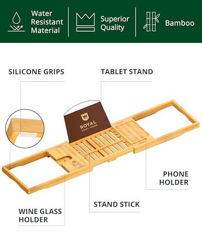 Royal Craft Wood Natural Bamboo Expandable Bathtub Caddy Tray - Foldable Bath Shelf for Tub, Water-Resistant Bathroom Accessory