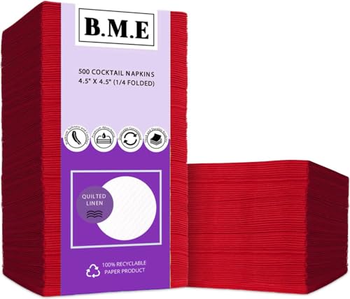 B.M.E 500 Pack Red Disposable Cocktail Napkins - Soft, Absorbent & Eco-Friendly