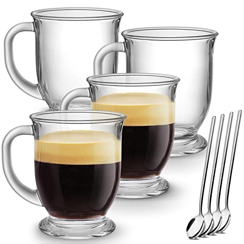 Set of 4 Glass Coffee Mugs 15 Oz with Handles for Hot Beverages