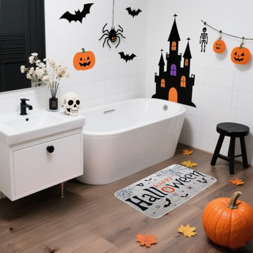 Halloween Kitchen Rugs Set of 2 with White Cat & Pumpkin Decor, Non-Slip Washable Floor Mats