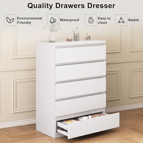 Jocoevol White 5-Drawer Bedroom Dresser - Modern Wood Storage Chest