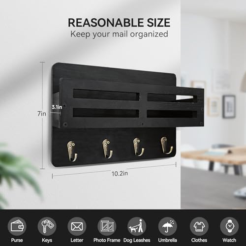 Rustic Wood Wall-Mounted Key and Mail Holder with 4 Hooks