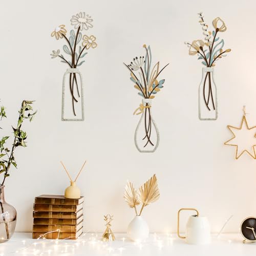 3-Piece Metal Flower Wall Art Set, Minimalist Boho Farmhouse Decor