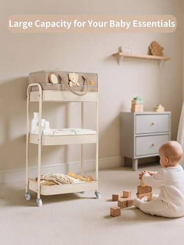 3-Tier Baby Diaper Caddy Rolling Cart with Removable Dividers, Taupe