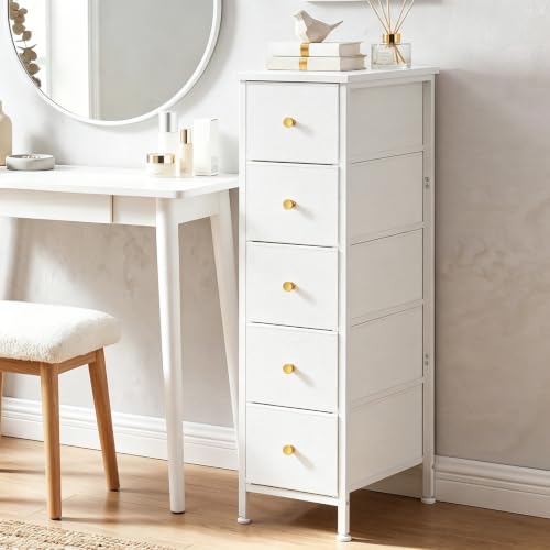 Fixwal White Narrow Storage Cabinet with 5 Fabric Drawers, 16.5"D x 9.5"W x 36.6"H Slim Dresser