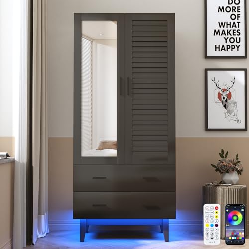 2-Door Wardrobe Armoire with LED Lights, Mirror, Drawers and Shelves