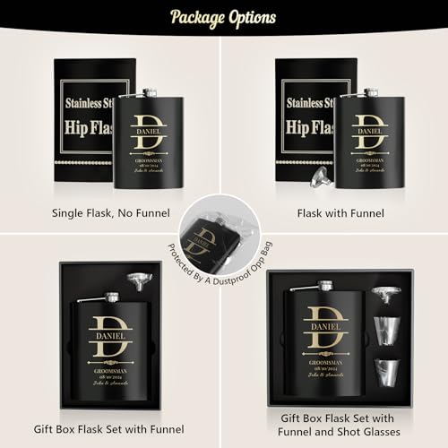 Stepdiy Black Personalized Groomsmen Flasks Set of 5 - Custom Engraved 8oz Stainless Steel Wedding Gifts