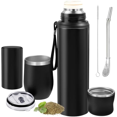 Suclain Black Complete Yerba Mate Kit with 12 oz Gourd and Bombilla, 34 oz Stainless Steel Thermos & Tea Can