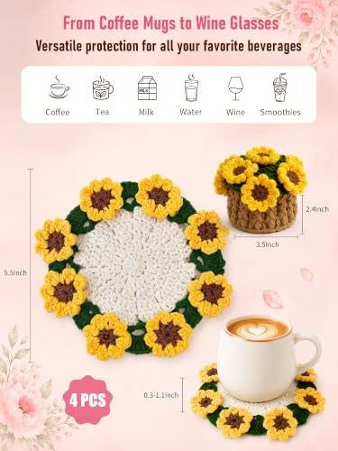 Sunflower Crochet Flower Coasters 4-Piece Set - Cotton Home Decor Gift