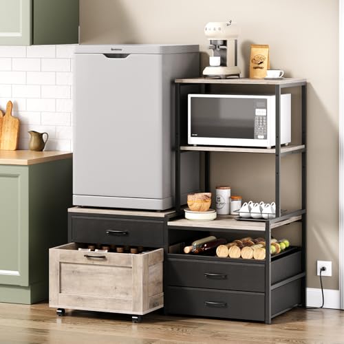 Mini Fridge Stand with Wine Rack and Storage Drawers, Kitchen Baker's Rack