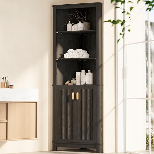 69-Inch Tall Corner Storage Cabinet with Fluted Doors and Shelves