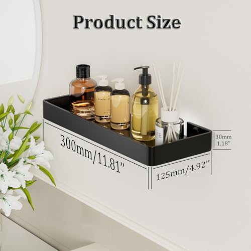 11.8-Inch Black Glass Floating Wall Shelf, Stainless Steel Bathroom Organizer