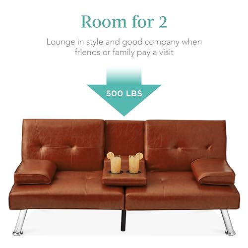 Modern Convertible Faux Leather Futon Sofa Bed with Cupholders