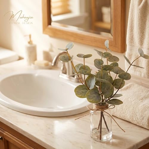 Artificial Eucalyptus Stems in Glass Vase with Faux Water - Set of 3