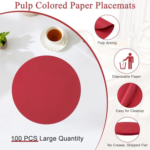 SHACOS 100 Pack 13 Inch Dark Red Disposable Round Placemats for Events - 2 Pack