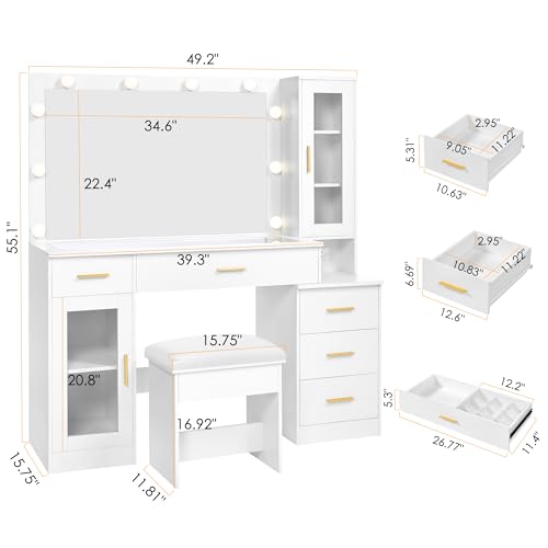 49.2" Large Glass Top Vanity Desk with Lighted Mirror and Stool