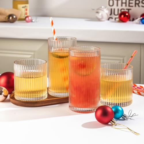 Lumkit 8PCS Clear Ribbed Drinking Glasses Set – 10oz & 12oz Tumblers for Wedding & Party