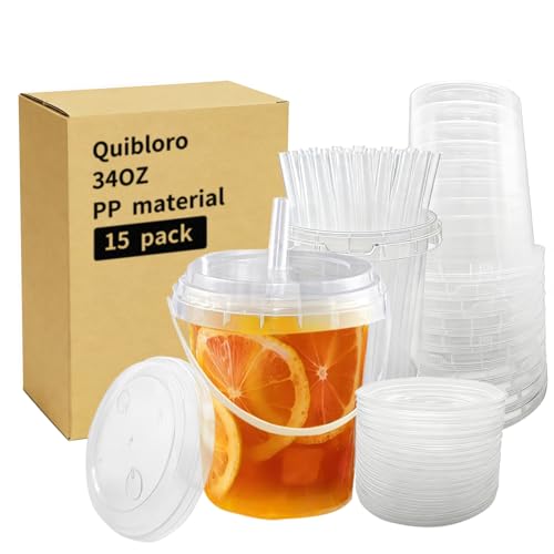 15-Pack 34oz Plastic Cups with Lids & Straws - Disposable Buckets for Drinks, Summer Parties