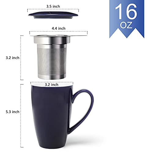 Amhomel 16oz Porcelain Tea Mug with Infuser & Lid Set of 2 Navy Blue & White