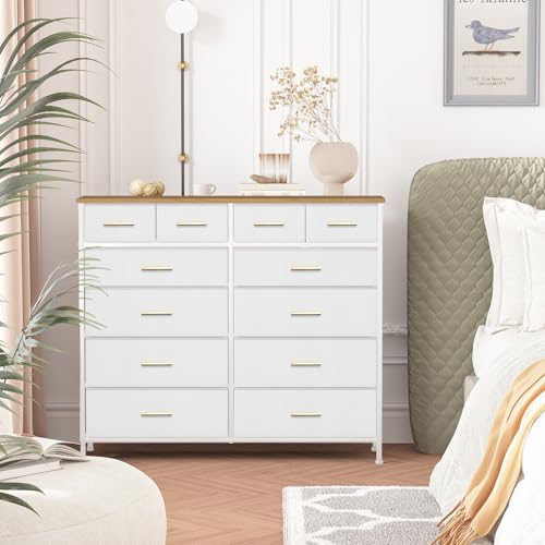 12-Drawer Bedroom Dresser, Wide Fabric Storage Chest with Wood Top