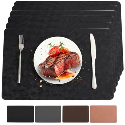 Black Vinyl Placemats Set of 6 - Waterproof, Heat Resistant Table Mats