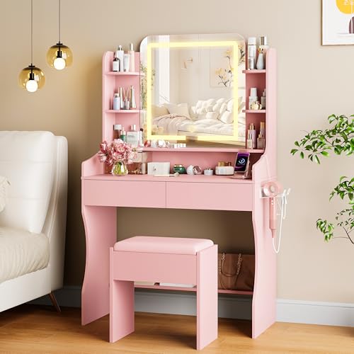 Vanity Desk with LED Lighted Mirror, Drawers, Stool, and Charging Station