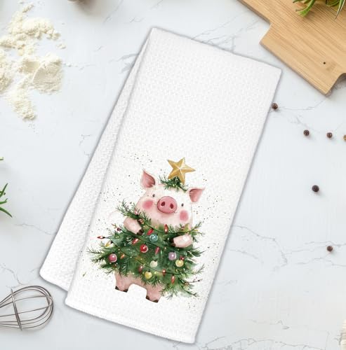 Christmas Pig Kitchen Towels with Christmas Tree Decor, Farm Animal Gift for Pig Lovers, 16x24 Inches