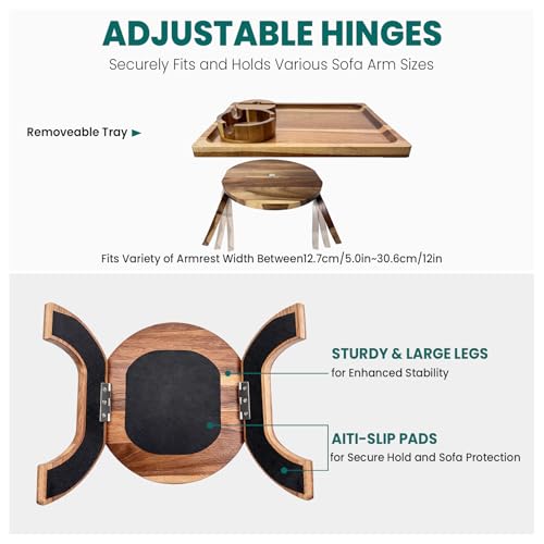 360° Rotating Acacia Wood Sofa Arm Tray with Cup Holder & Phone Stand