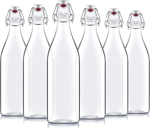 Bormioli Rocco 1L Glass Swing Top Bottles (6 Pack) - Leak-Proof Flip Top Storage Jars