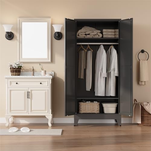 71-Inch Metal Wardrobe Closet with Hanging Rod, 2 Doors, and Shelves