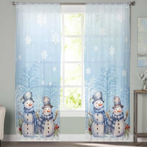 ZOE GARDEN 52x96 Craft Blue Snowman Chiffon Curtains 2-Piece Set, Rod Pocket Voile Panels