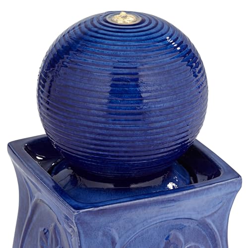 29-Inch Ceramic Outdoor Floor Fountain with LED Light, Blue Sphere Design