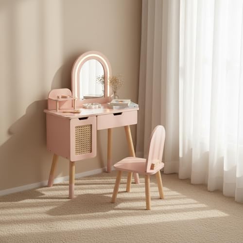 Kids Vanity Set with Lighted Mirror, Pink Toddler Makeup Table and Chair