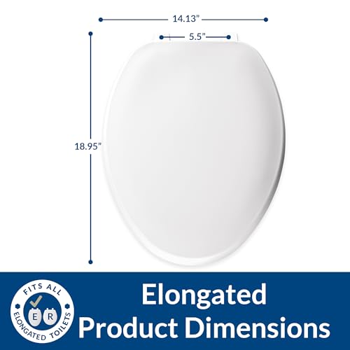 Elongated Toilet Seat, Durable Plastic with Top-Tite Installation, White
